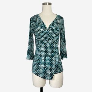 Vintage Y2K IN Studio green blue geometric print faux wrap stretchy mod top S